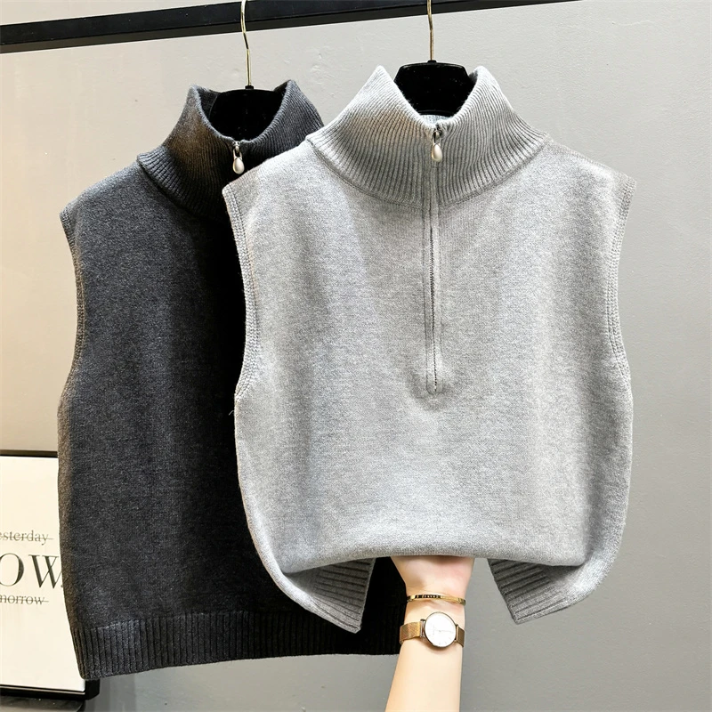 翻领半拉链针织背心马甲女秋冬2025叠穿气质高级翻领无袖毛衣上衣