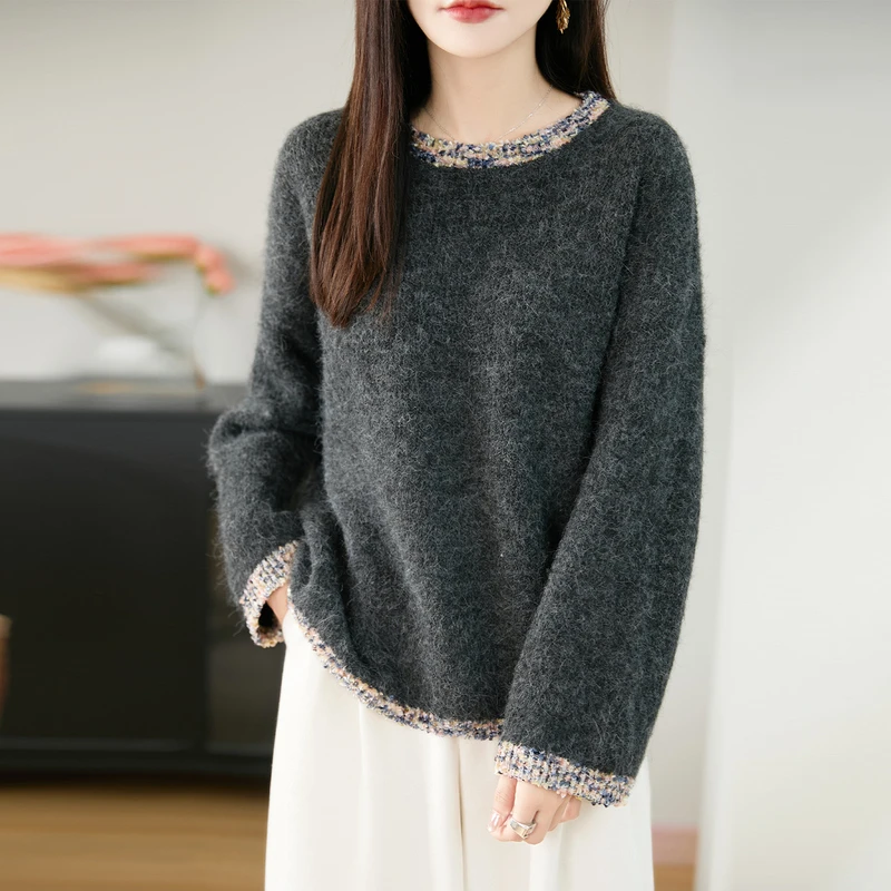 小香风圆领羊毛衫女秋冬新款时尚阔版宽松慵懒风针织保暖毛衣上衣