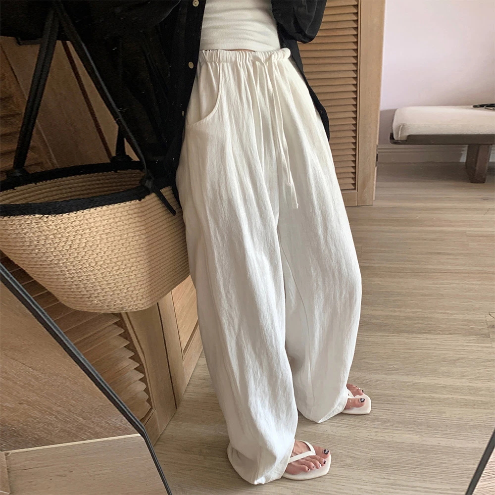 A7seven 休闲裤女夏季简约薄款宽松高腰显瘦白色直筒裤棉麻阔腿裤