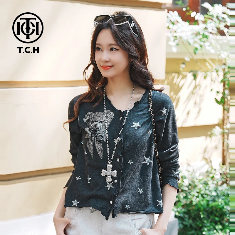 TCH烫钻工艺蝴蝶结长袖开衫小熊针织衫女T72C43E5097轻奢tch