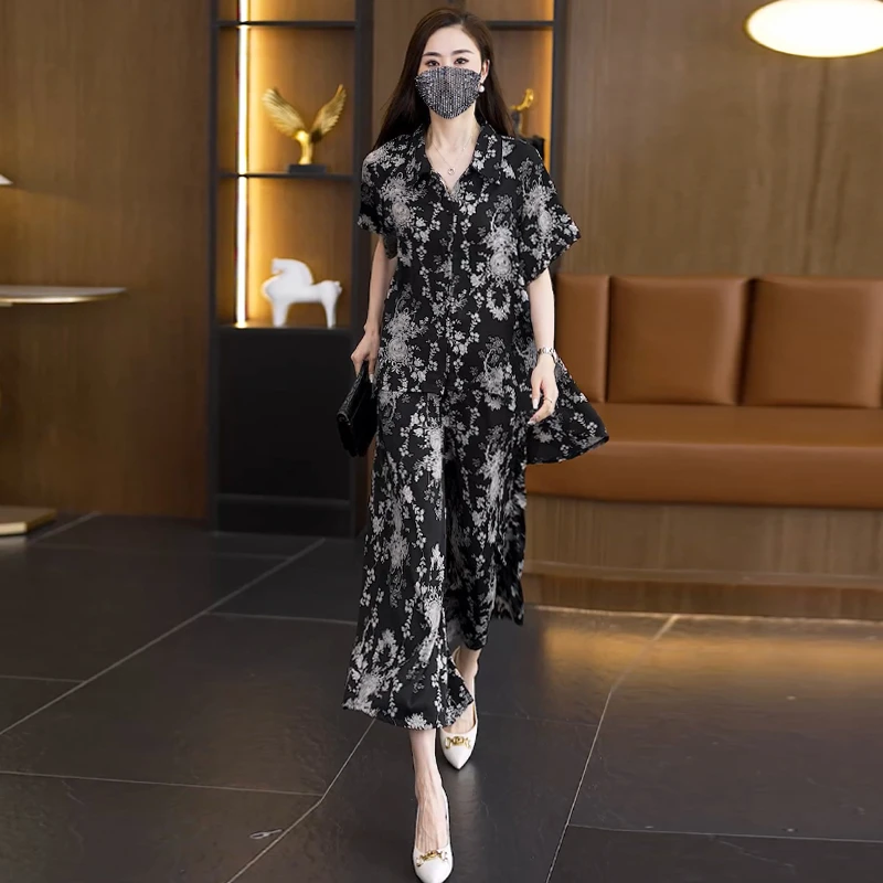 大码女装夏季新款碎花套装显瘦气质减龄宽松遮肉休闲套装2025