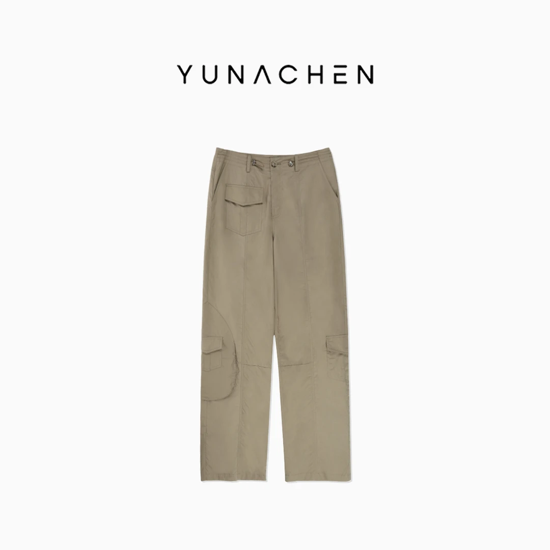 菠萝宝宝yuna【把一切变松弛】卡其色多扣袋宽松直筒剪裁工装裤YG5