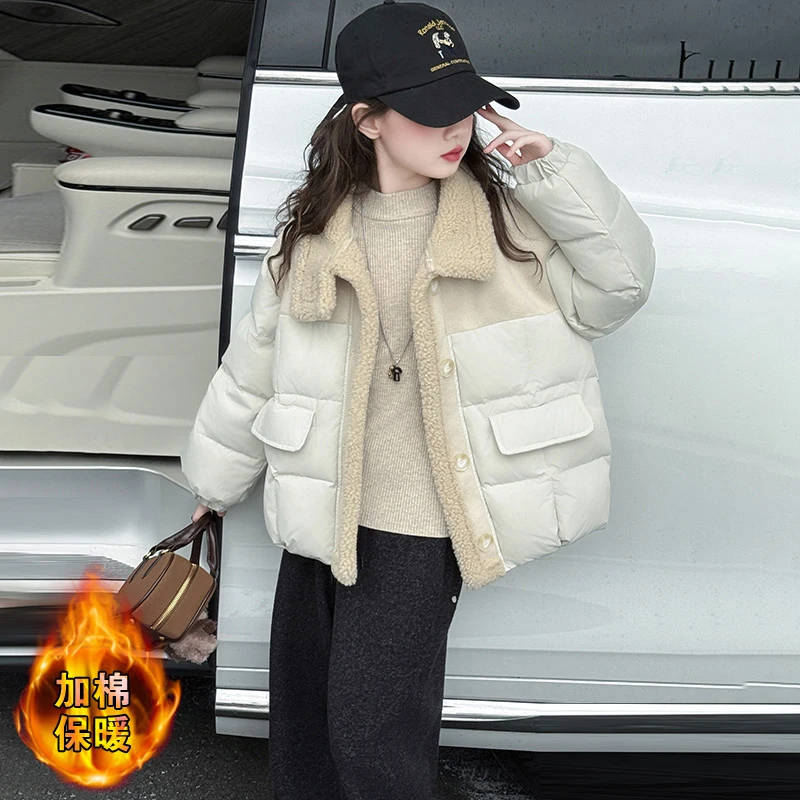 女童棉服冬季2025新款韩系大儿童装拼色羊羔毛领加厚皮毛一体外套