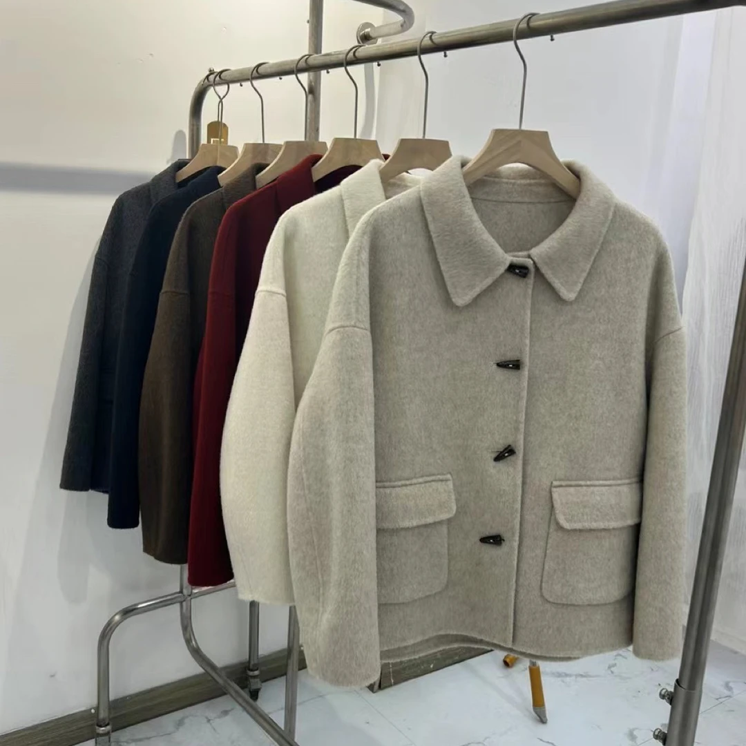 【瑞梦家】双面羊毛牛角扣大衣短款大衣时尚气质百搭