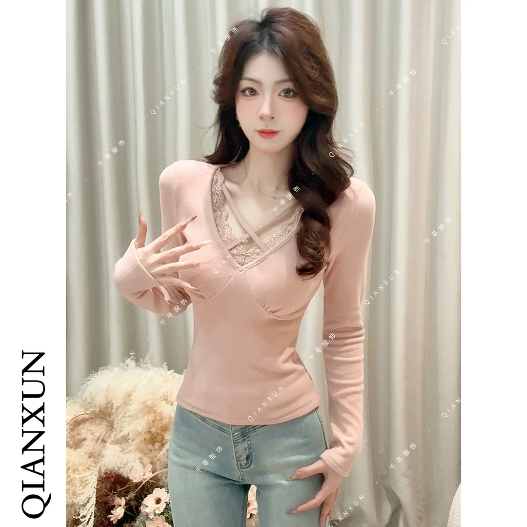 千寻家  蕾丝拼接性感v领T恤女秋冬纯欲风修身打底衫收腰上衣632