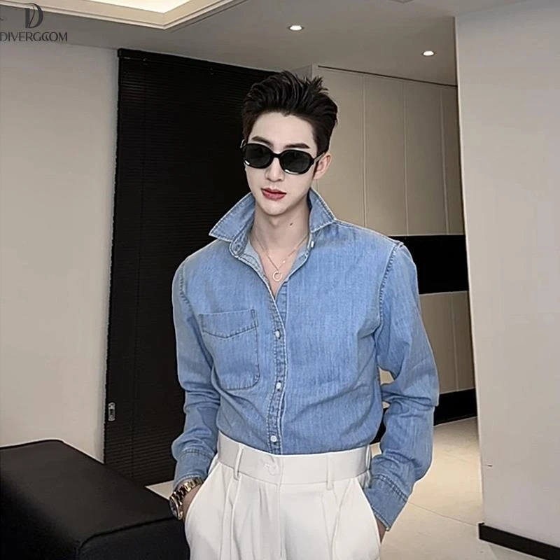 DIIIVERGOM男士水洗复古牛仔长袖衬衫宽松百搭痞帅潮流休闲衬衣
