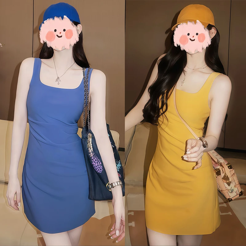 黄色吊带连衣裙女夏季2025爆款小个子辣妹褶皱收腰显瘦包臂短裙子