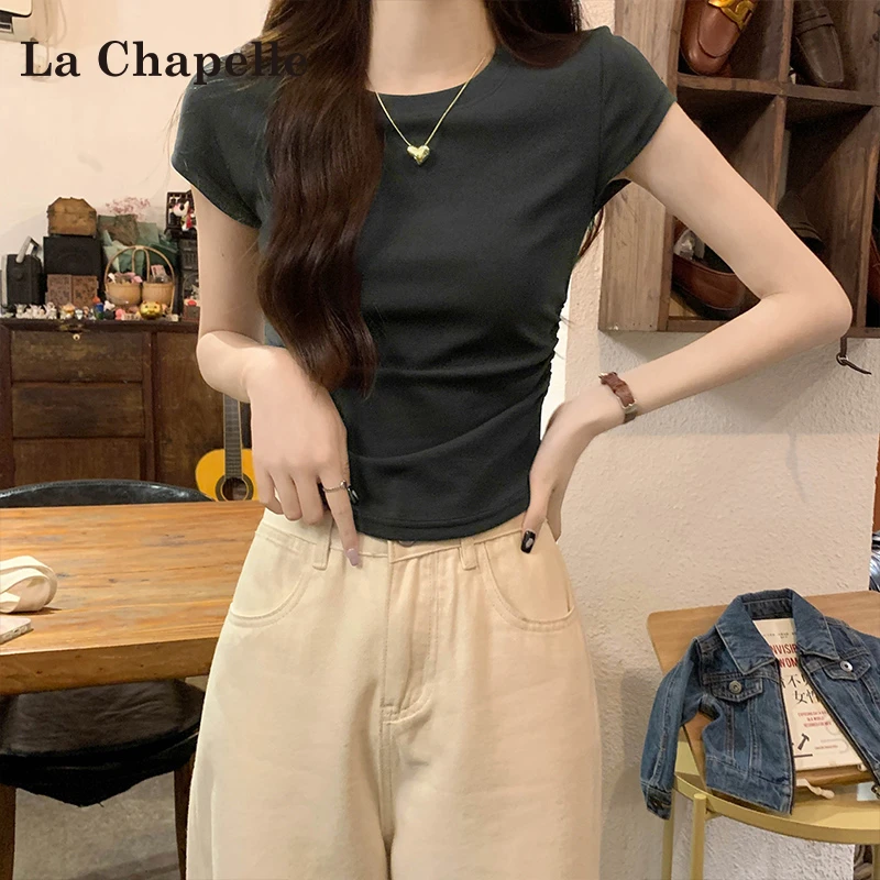 拉夏贝尔纯色正肩t恤短袖女款夏季2025新款修身显瘦紧身内搭上衣