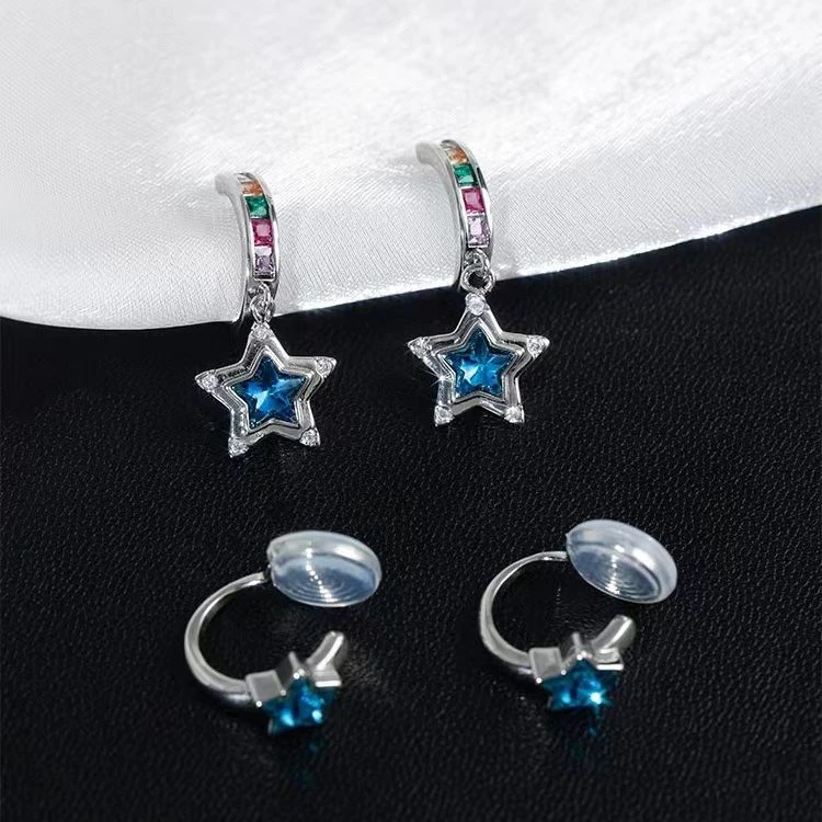 铜合金耳饰 蓝色五角星多彩锆石蚊香盘一体式无耳洞耳夹高级轻奢