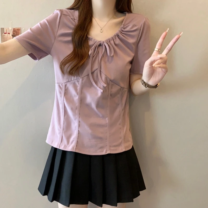 大码胖mm2025夏季新款欧若风时尚休闲T恤女显瘦遮肉抽绳短袖上衣