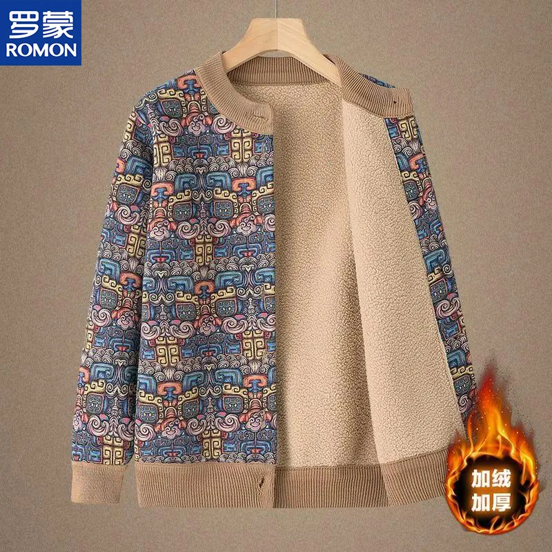 罗蒙妈妈冬装加绒加厚外套中老年人女秋冬季针织开衫奶奶保暖衣服