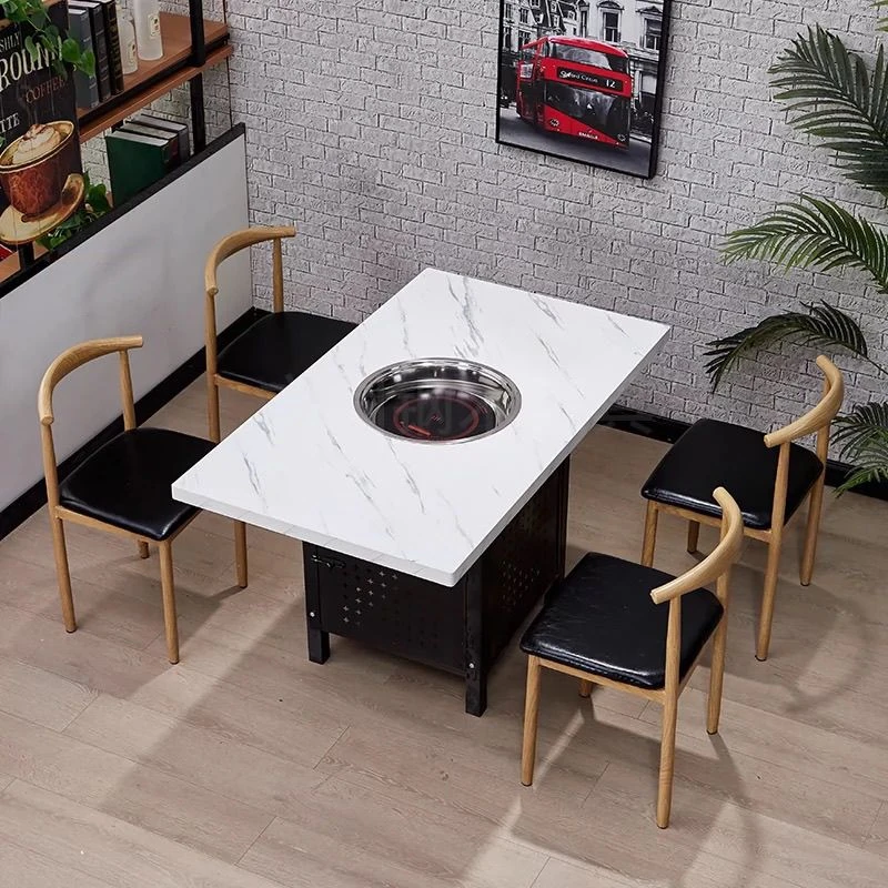 火锅桌电磁炉餐桌燃气灶餐桌圆形火锅桌商用小火锅餐桌铁艺餐桌椅