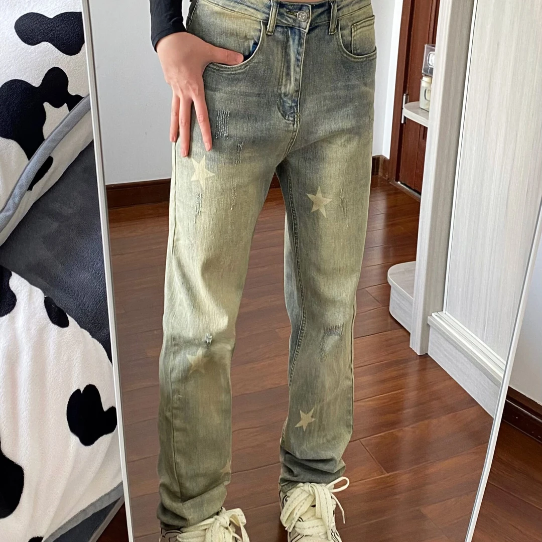 B10 美式高街星星印花做旧水洗黄泥染牛仔裤宽松直筒嘻哈裤子男女