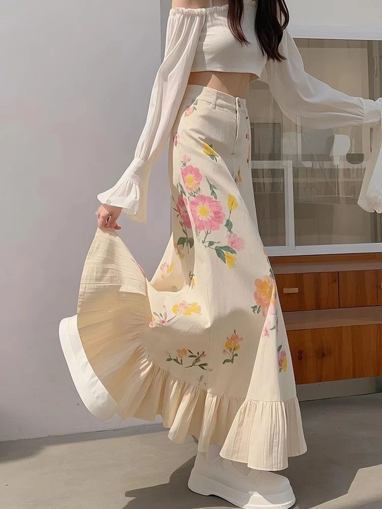 中国风日常高腰鱼尾裙A型百搭显瘦半身裙碎花薄款夏季中长款裙子