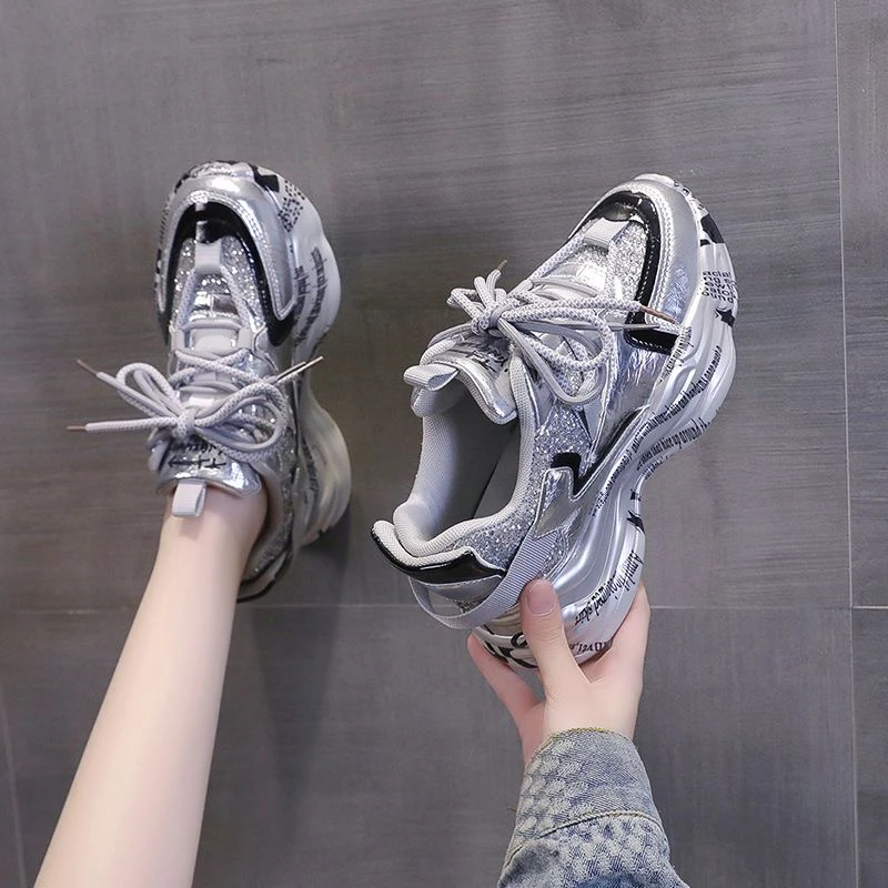 【高品质-现货】新款时尚网红休闲老爹鞋女2025新款厚底增高亮片