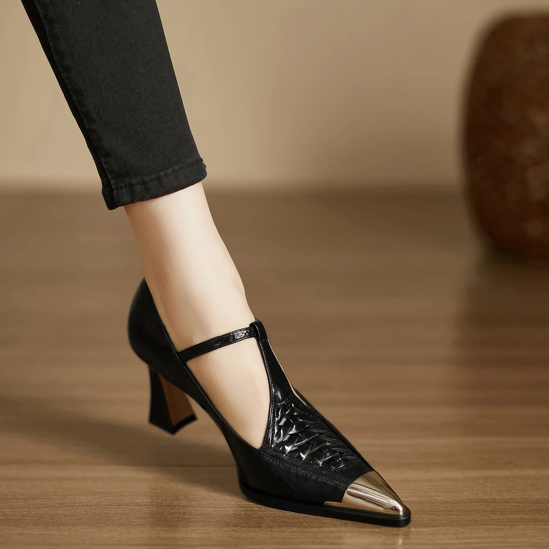 小个子手工女鞋7.5cm~欧若风编织镂空尖头百搭时装单鞋气质高跟鞋