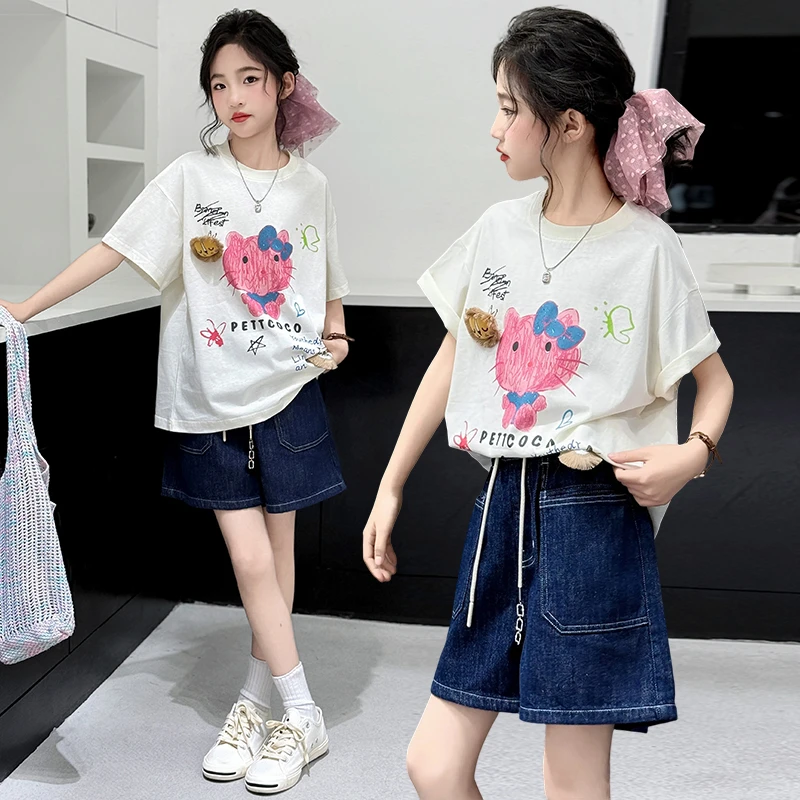 女童夏季韩版卡通T恤2025新款6-12-15岁中大儿童洋气休闲牛仔短裤