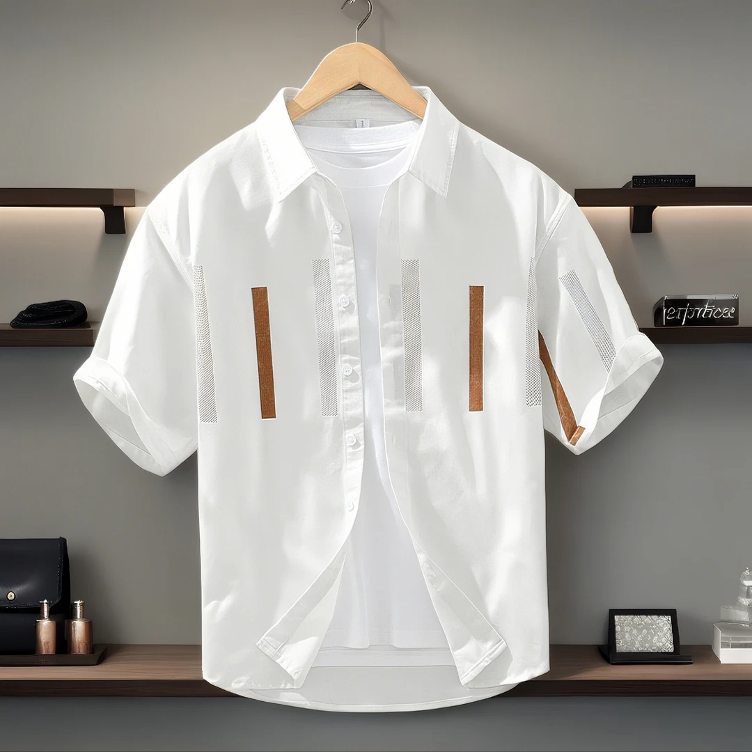 英伦雅痞白色辑明线衬衫轻奢男装新款100%纯棉时尚个性短袖衬衣