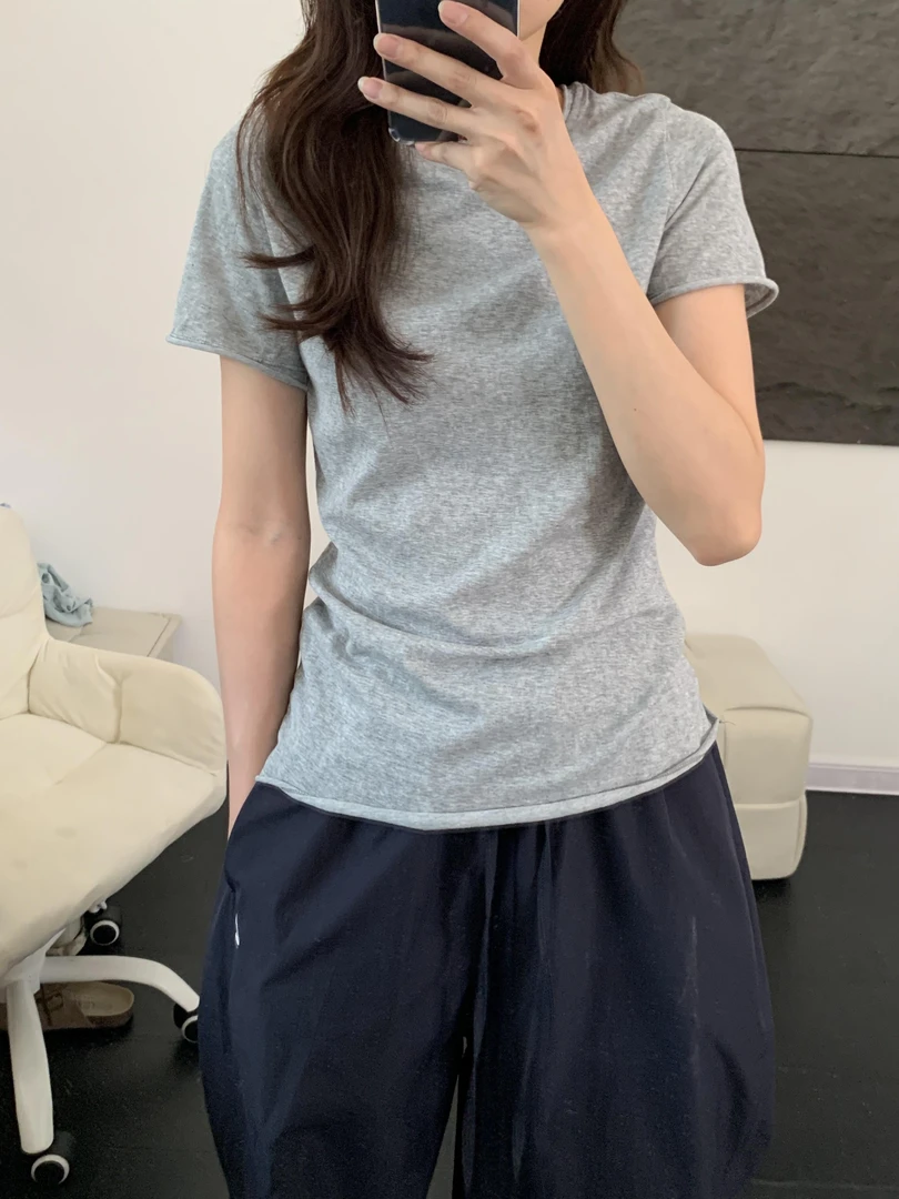 卷边短袖t恤女夏季新款韩系修身百搭雪花棉薄款透气正肩上衣显瘦