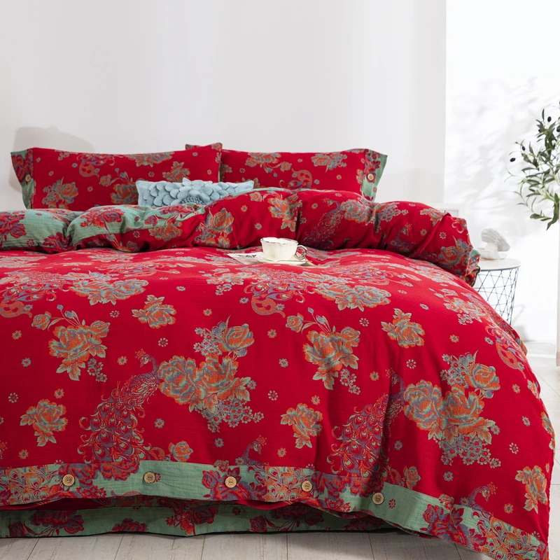 【雀之灵-正红】全棉四件套被套双层纱加厚婚庆轻奢四季陪嫁国风软A