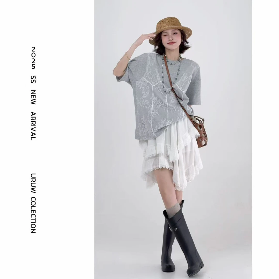 【摩登极简】夏季蕾丝拼接设计感假两件慵懒宽松短袖T K029