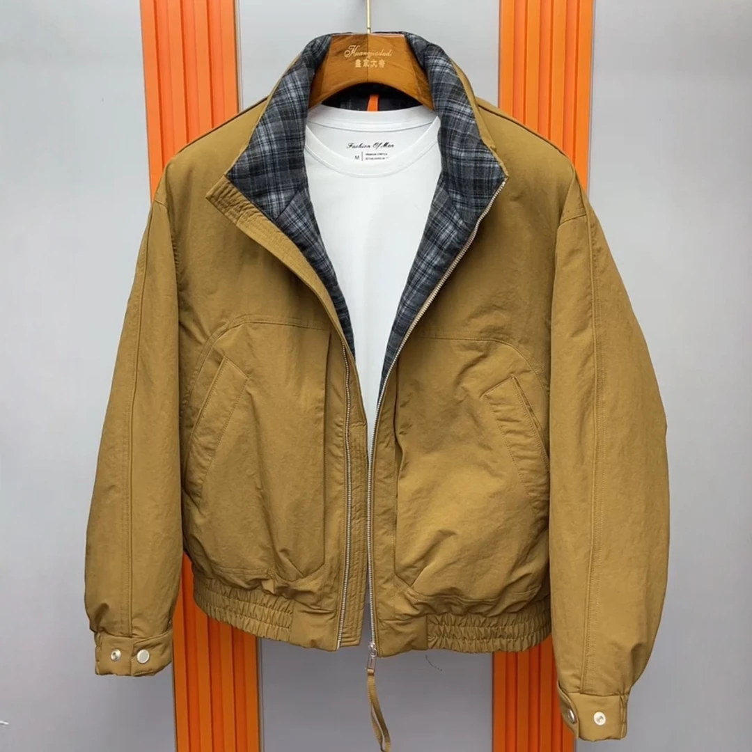 美式工装风立领羽绒服男生短款拼接格子保暖男士外套百搭简约潮流