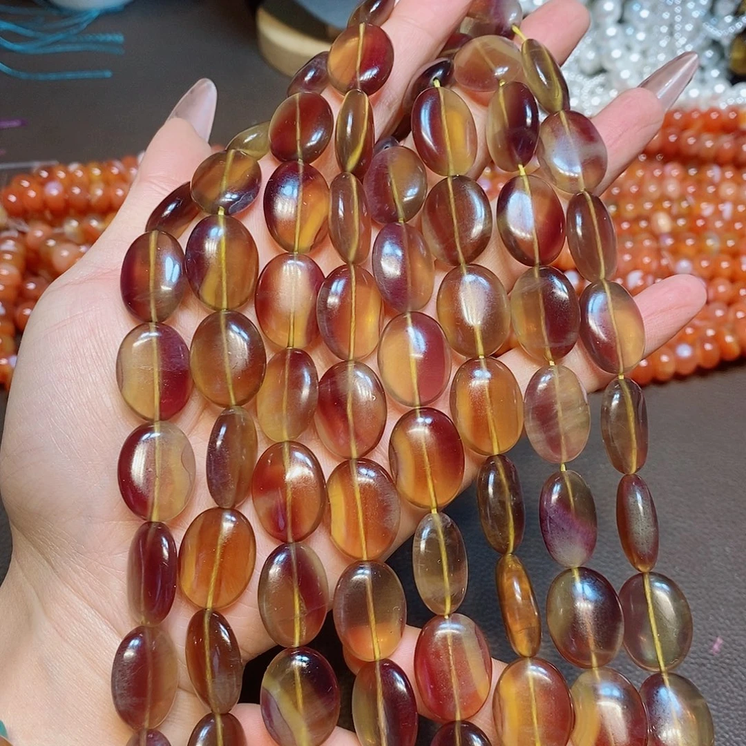 玛瑙/玉髓散珠莹石水晶椭圆饼一条15✖️25mm