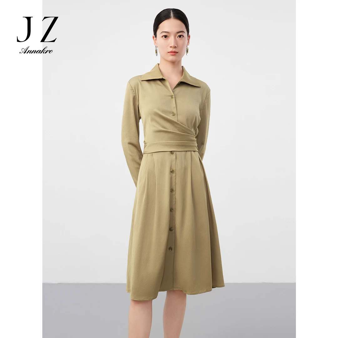 【小余专属】玖姿安娜蔻JTDQ50023收腰中长款长袖衬衫连衣裙女秋