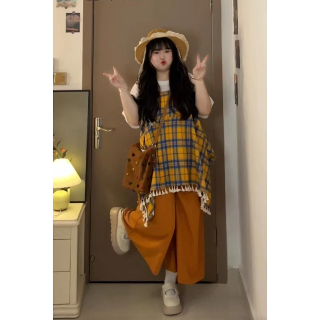 大码女装2025夏季宽松夏季设计感格子吊带上衣白色T套装977972