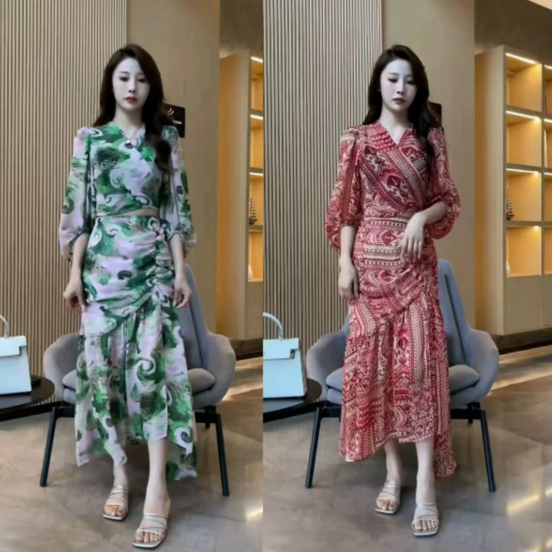 2025夏季新款气质港风绑带轻奢显瘦衬衫上衣不规则百褶碎花半身裙