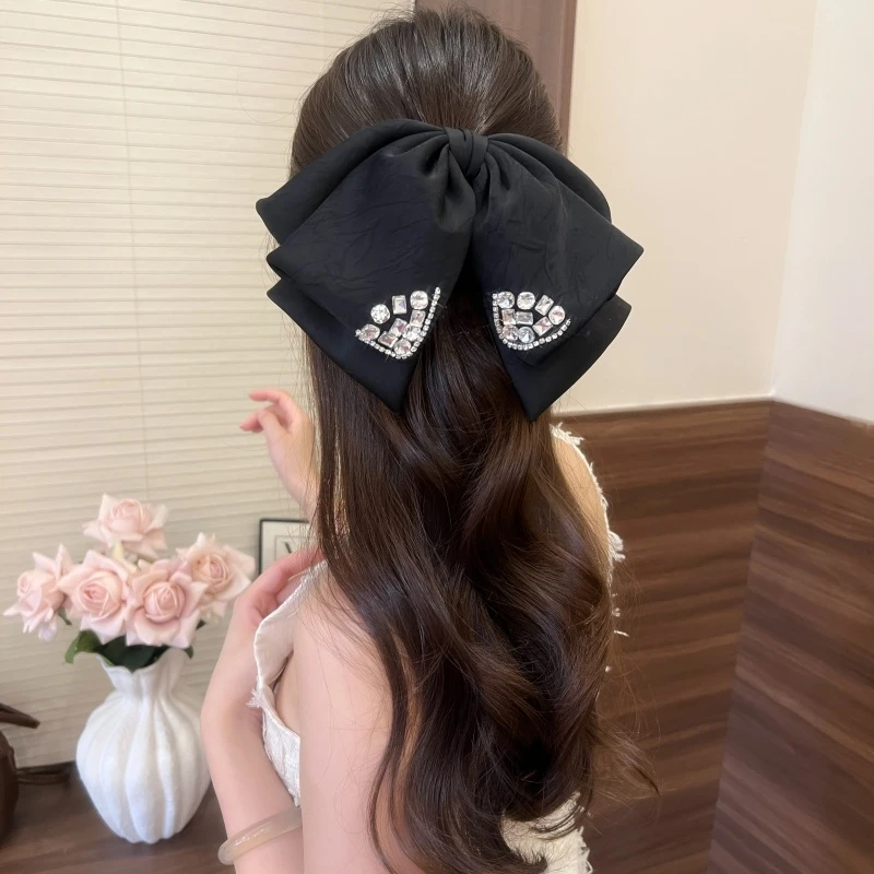 法式闪钻缎面蝴蝶结发夹抓夹高级感后脑勺盘发半扎发卡甜美鲨鱼夹