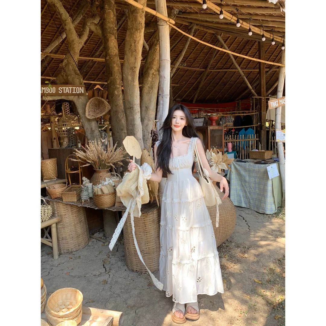 一颗甜日暮伊甸园长款吊带小众连衣裙显瘦蕾丝气质夏季法式