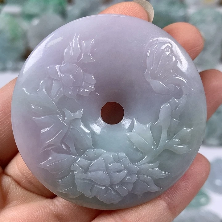 翡翠未镶嵌颈饰花开富贵平安扣两面工艺福利
