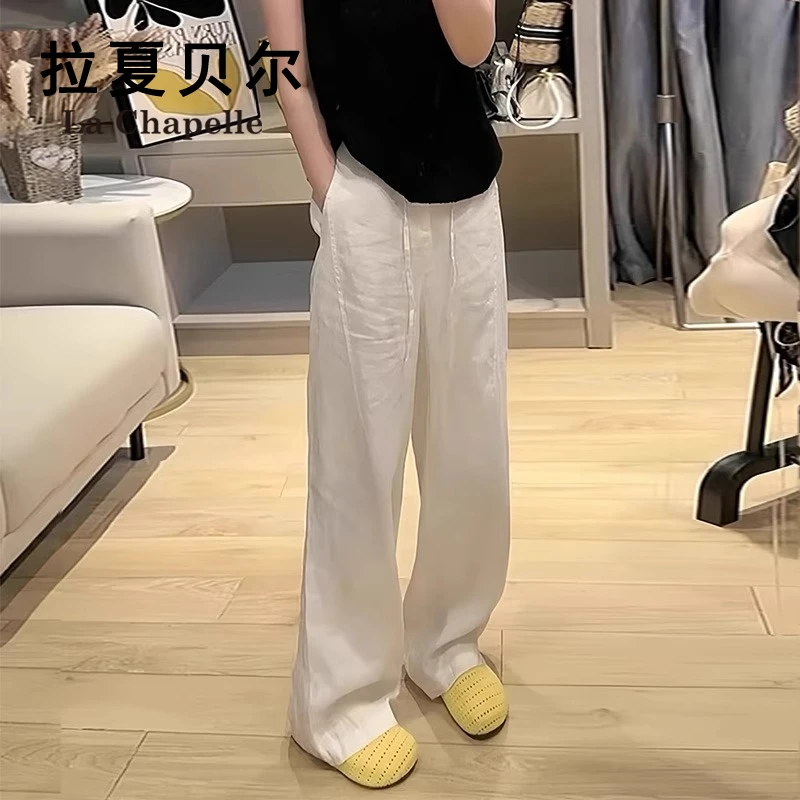 拉夏贝尔白色亚麻裤子女禅意休闲裤夏轻薄显瘦垂感直筒棉麻阔腿裤