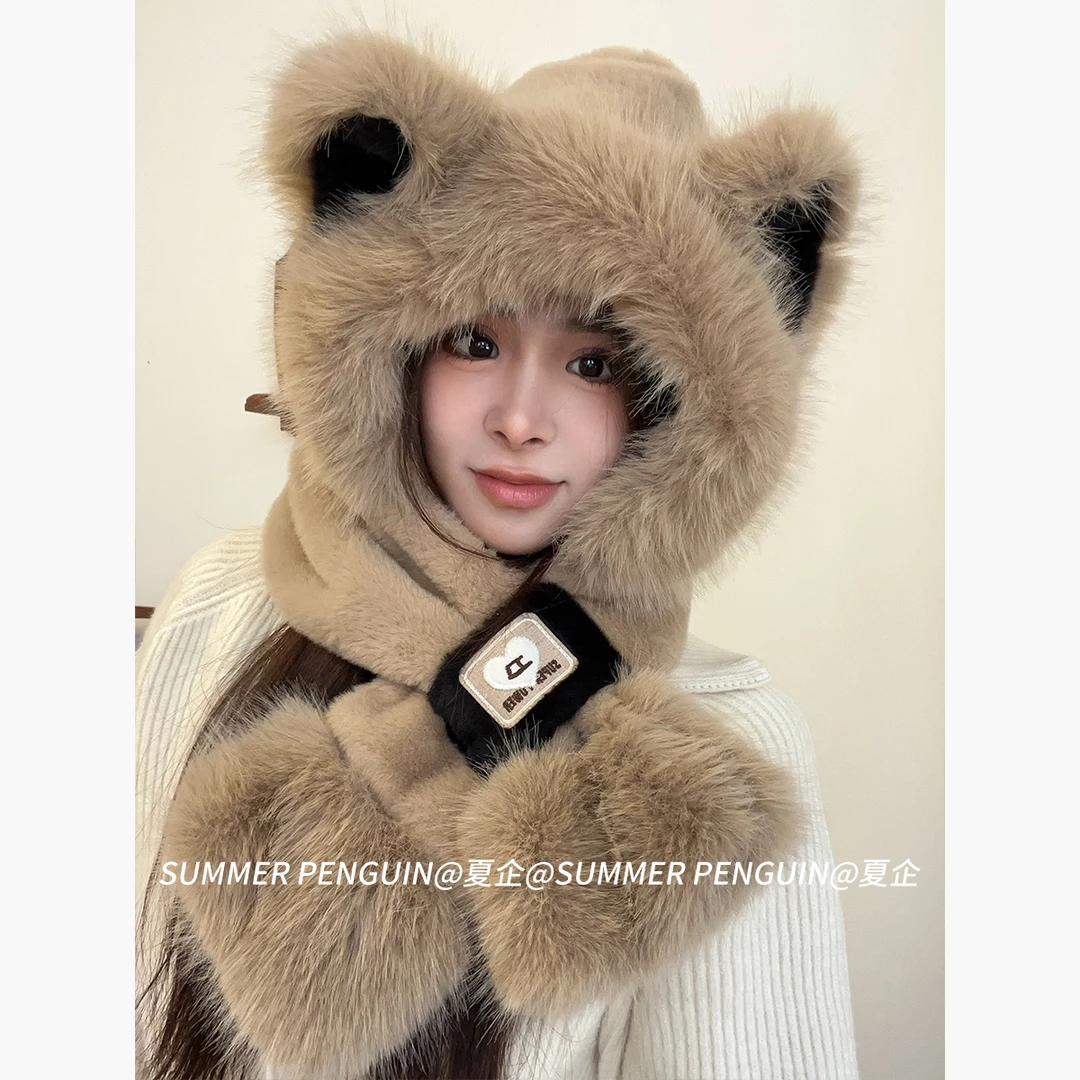 SUMMER PENGUIN新款可爱狐狸耳朵女冬季加厚保暖毛绒帽子围巾一体