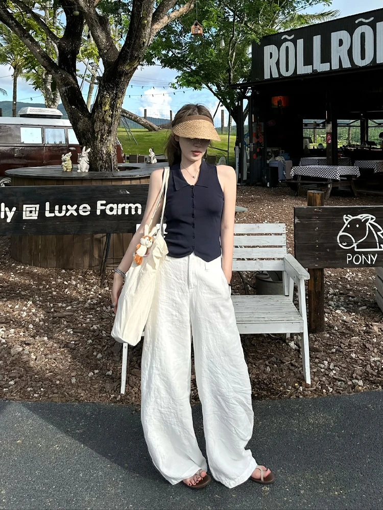 韩系polo翻领无袖背心女夏季外穿修身独特别致上衣百搭阔腿裤套装