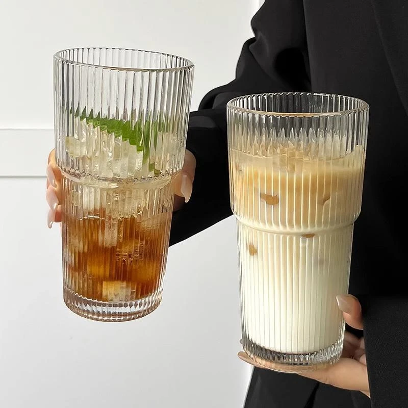 ins风大容量带盖带吸管竖条纹玻璃杯高颜值冷饮杯果汁咖啡杯水杯