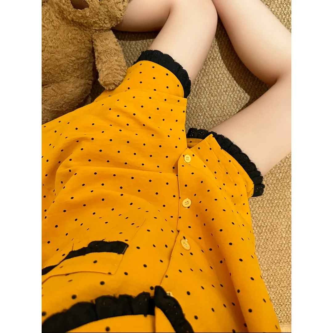 【黄色波点】甜美蕾丝开叉云朵棉睡衣女夏季新款短袖短裤套装家居服