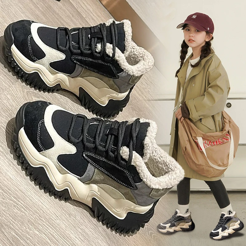 ABC女童老爹鞋2025新款秋冬加绒大棉鞋儿童运动鞋子中大童休闲鞋