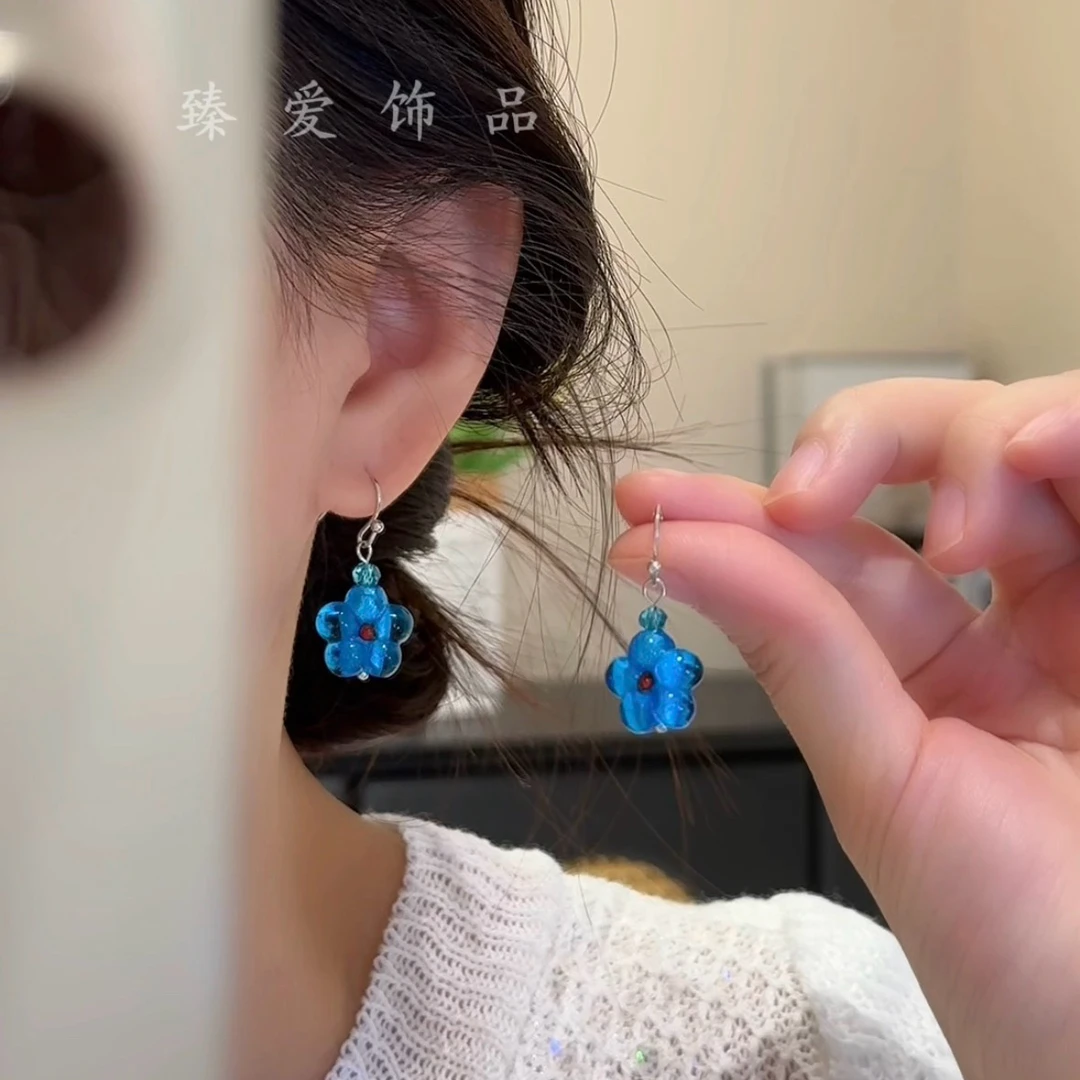 铜合金亚克力耳饰 【海蓝系列】夏日手工清新度假风蓝色花朵耳环