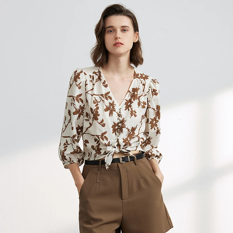 【九月专属】MOFAN摩凡夏新款咖色花纹衬衫MAX464330