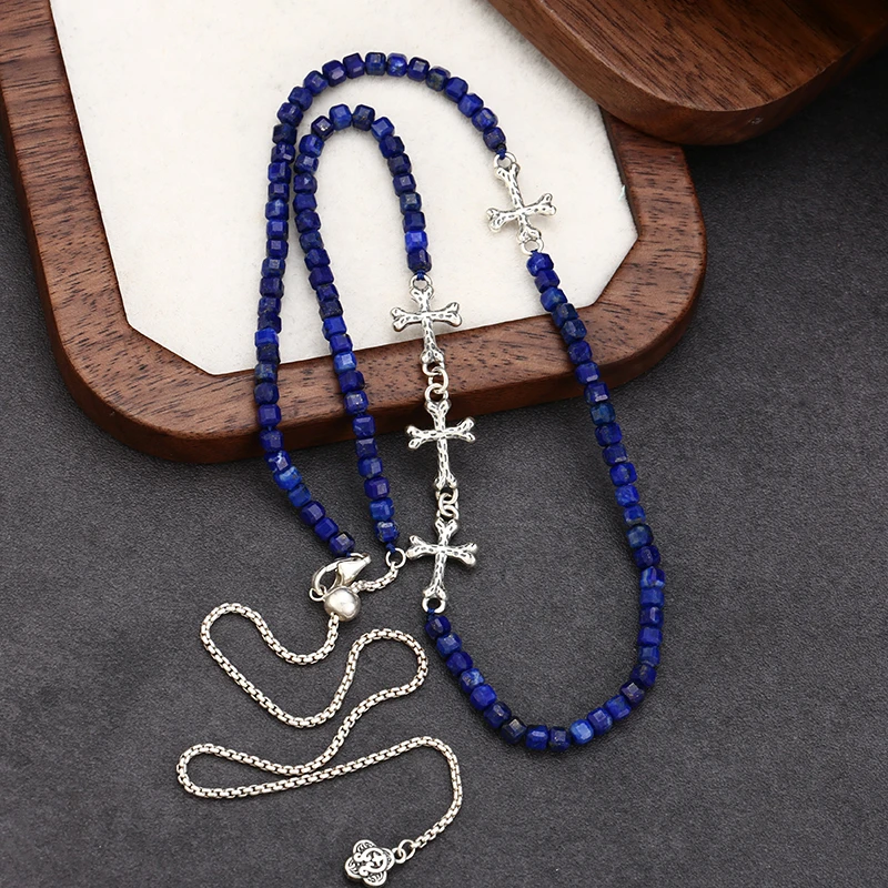 链子925银 手工个性抽拉十字青石项链