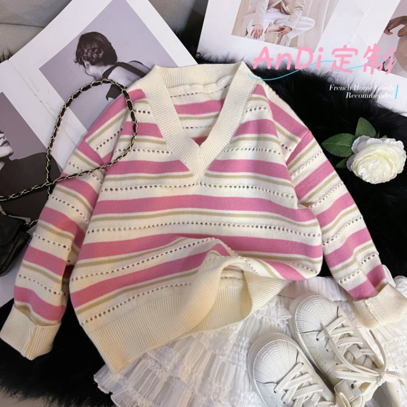 〖ANDI〗订制春季女童新款V领条纹拼色复古套头毛衣3470