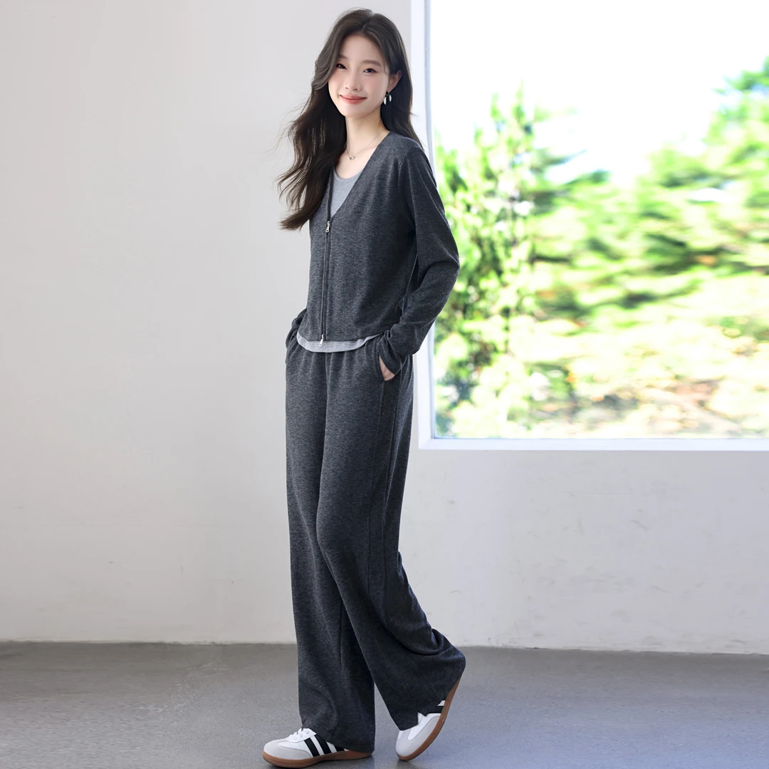 休闲时尚假两件上衣阔腿裤套装女秋季2025新款中年妈妈气质两件套