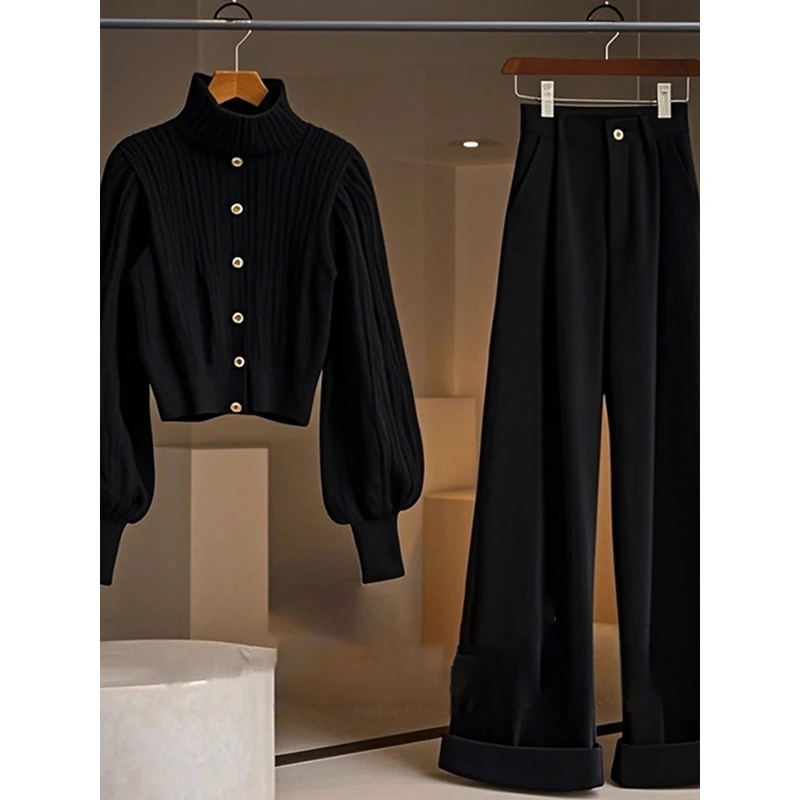 2024秋冬季大码胖mm巨显瘦套装黑色高领毛衣灯芯绒阔腿裤两件套女