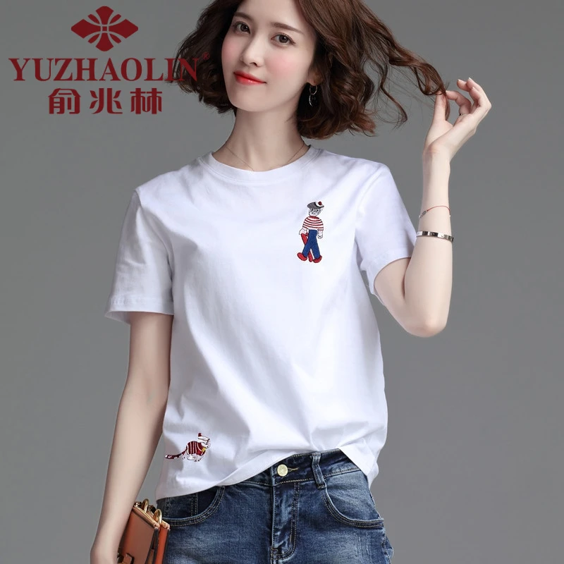俞兆林夏季新款短袖棉t恤女装2025年时尚圆领卡通刺绣学生休闲T恤
