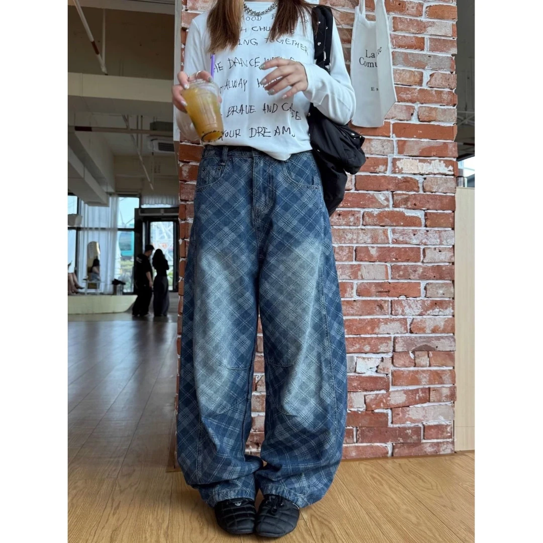 美式复古格纹弯刀牛仔裤男女设计感水洗褶皱休闲风个性长裤