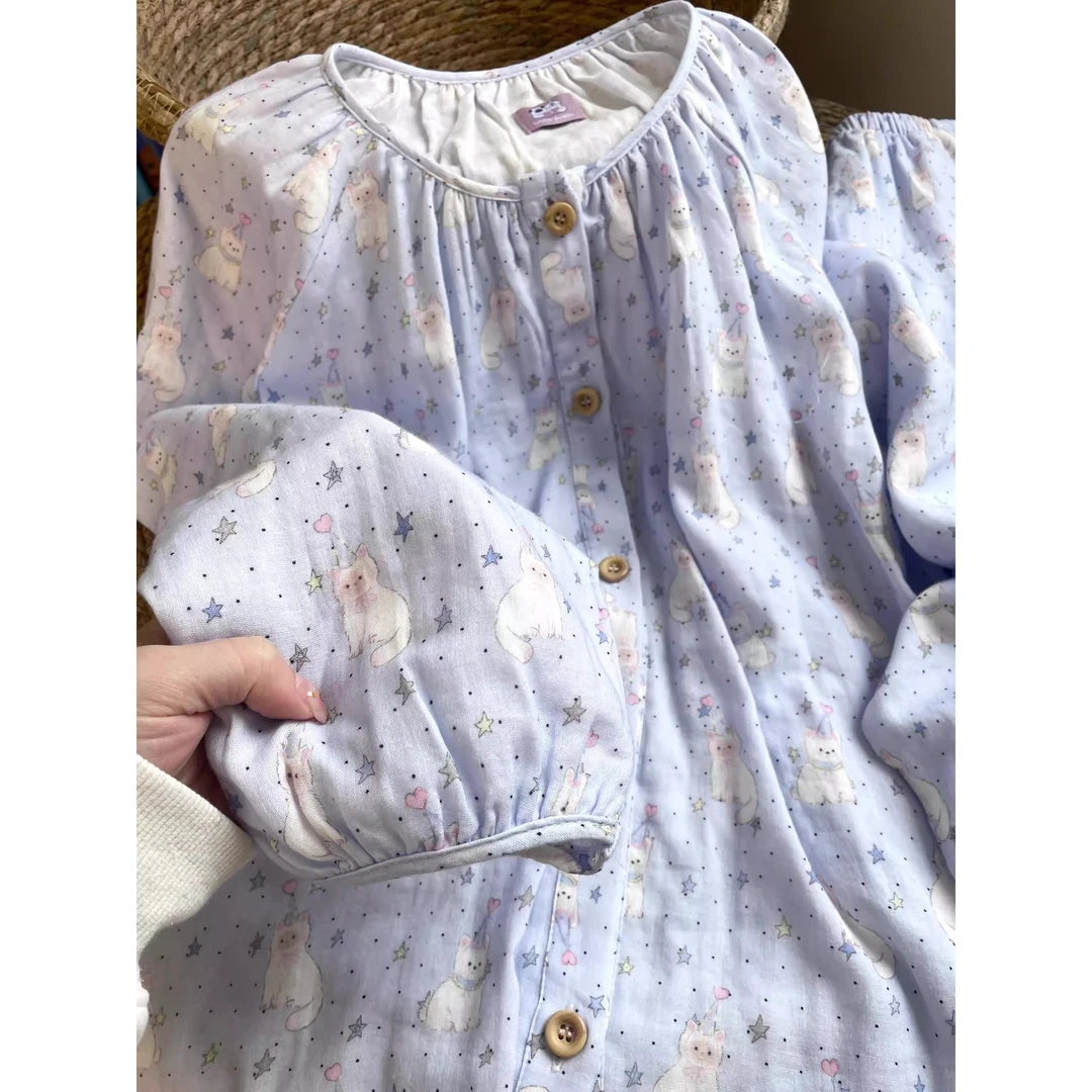 可爱小猫印花甜美卡通圆领睡衣女春秋新女款舒适亲肤家居服两件套