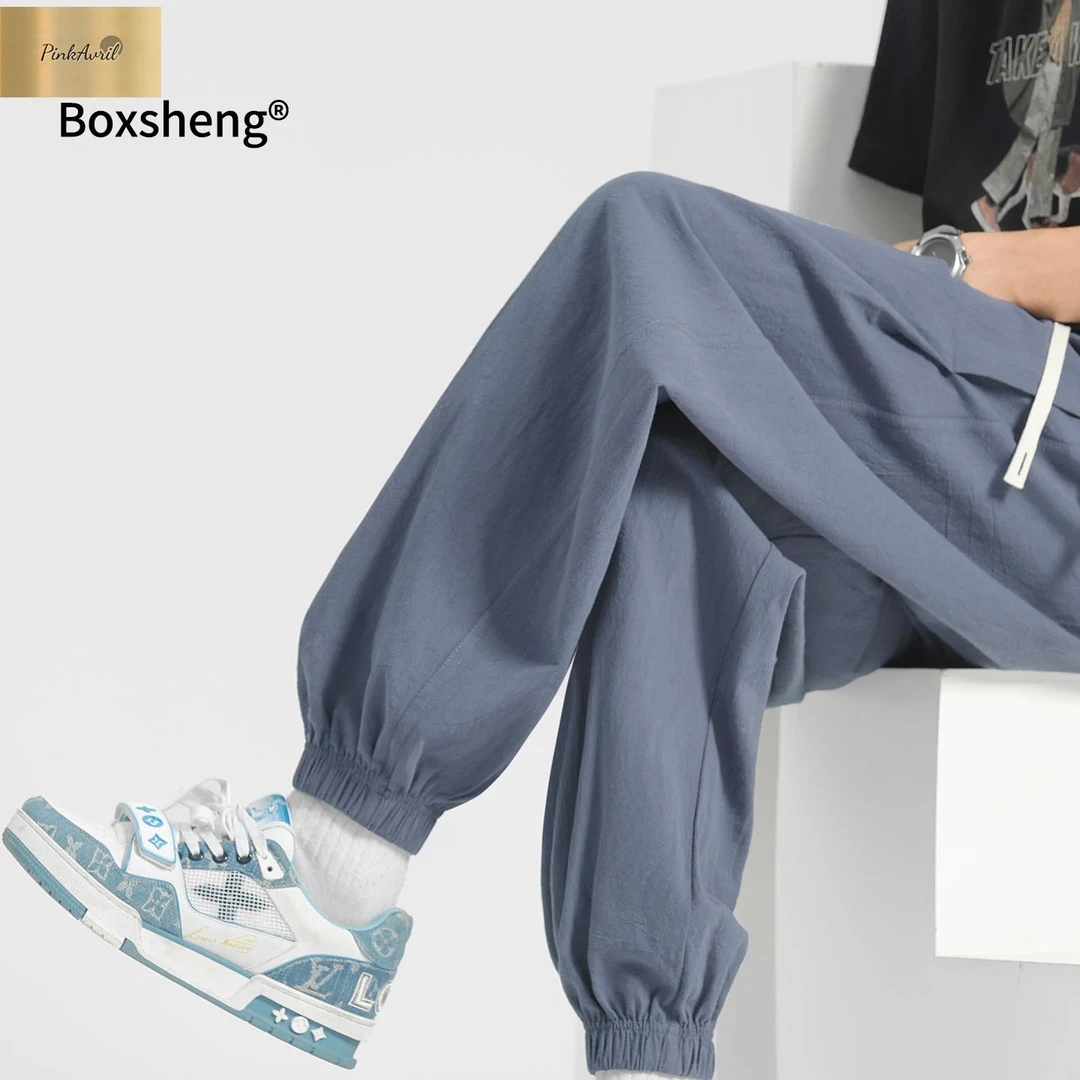 PinkAvril纯棉束脚裤子男款夏季薄款运动裤卫裤新款亚麻男裤宽松