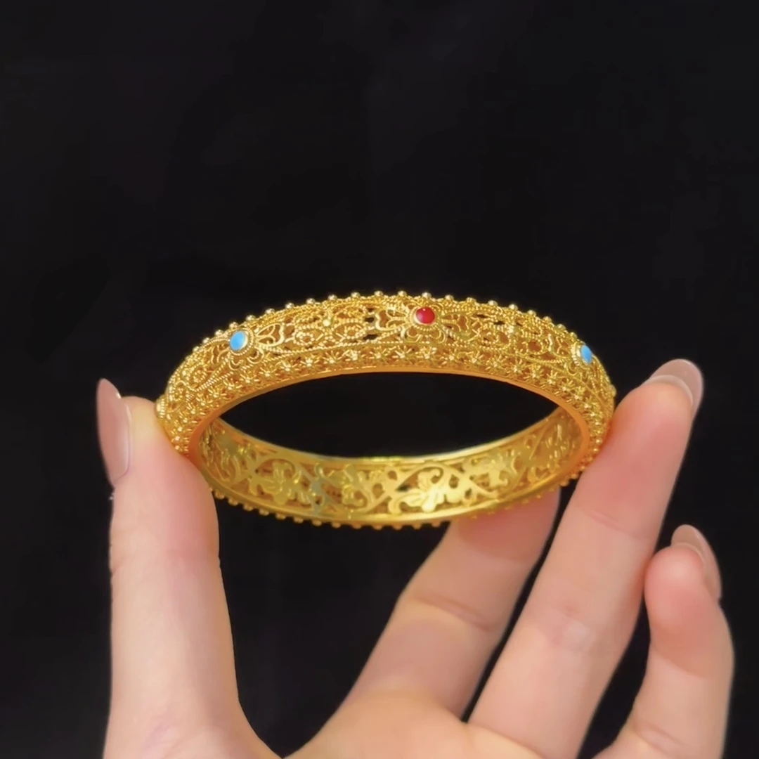 铜合金珐琅手镯 SS190新中式国风复古古法宫廷风红绿花丝镂空手镯